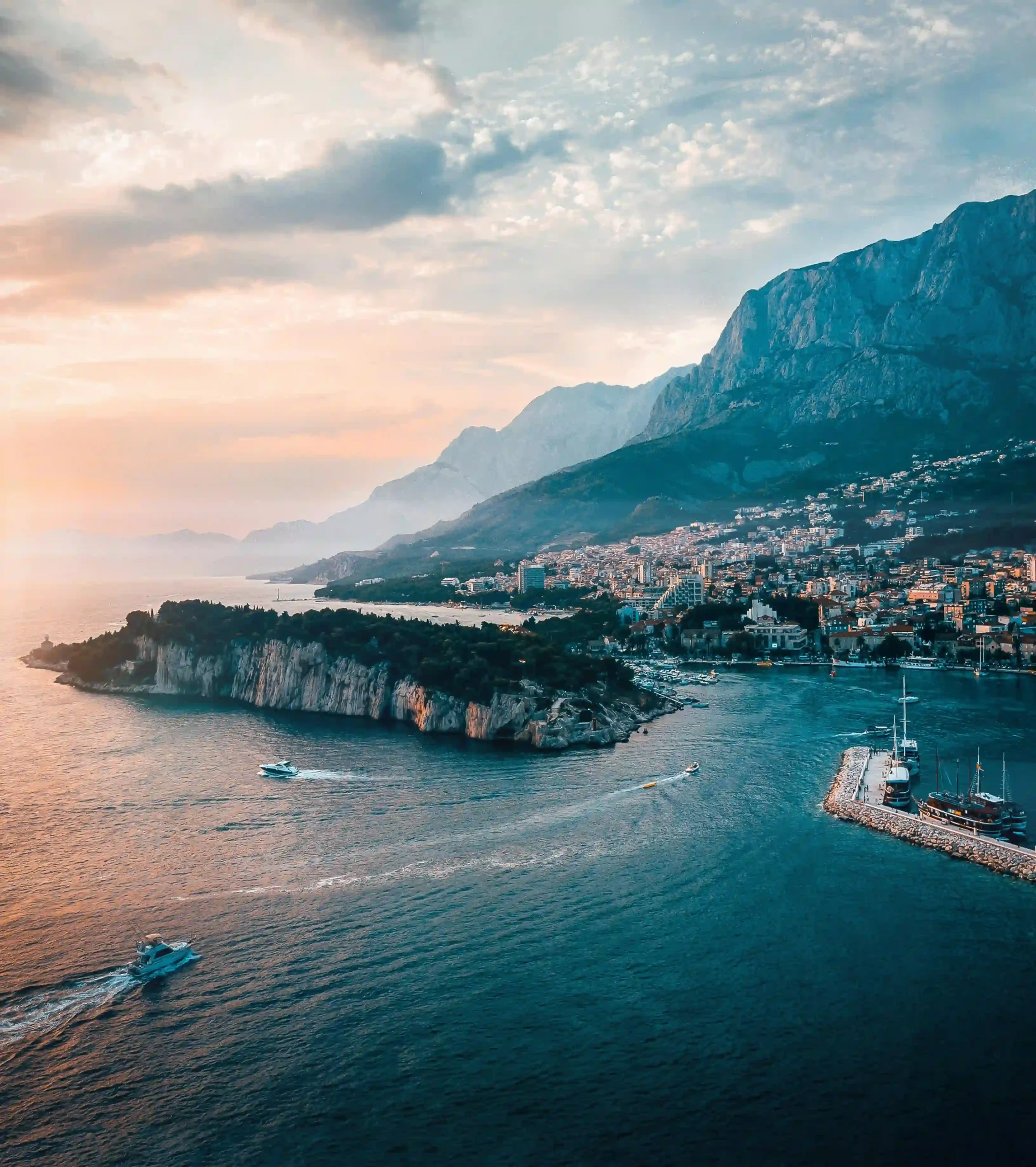 Aerial view of the stunning Makarska Riviera in Croatia at sunset.