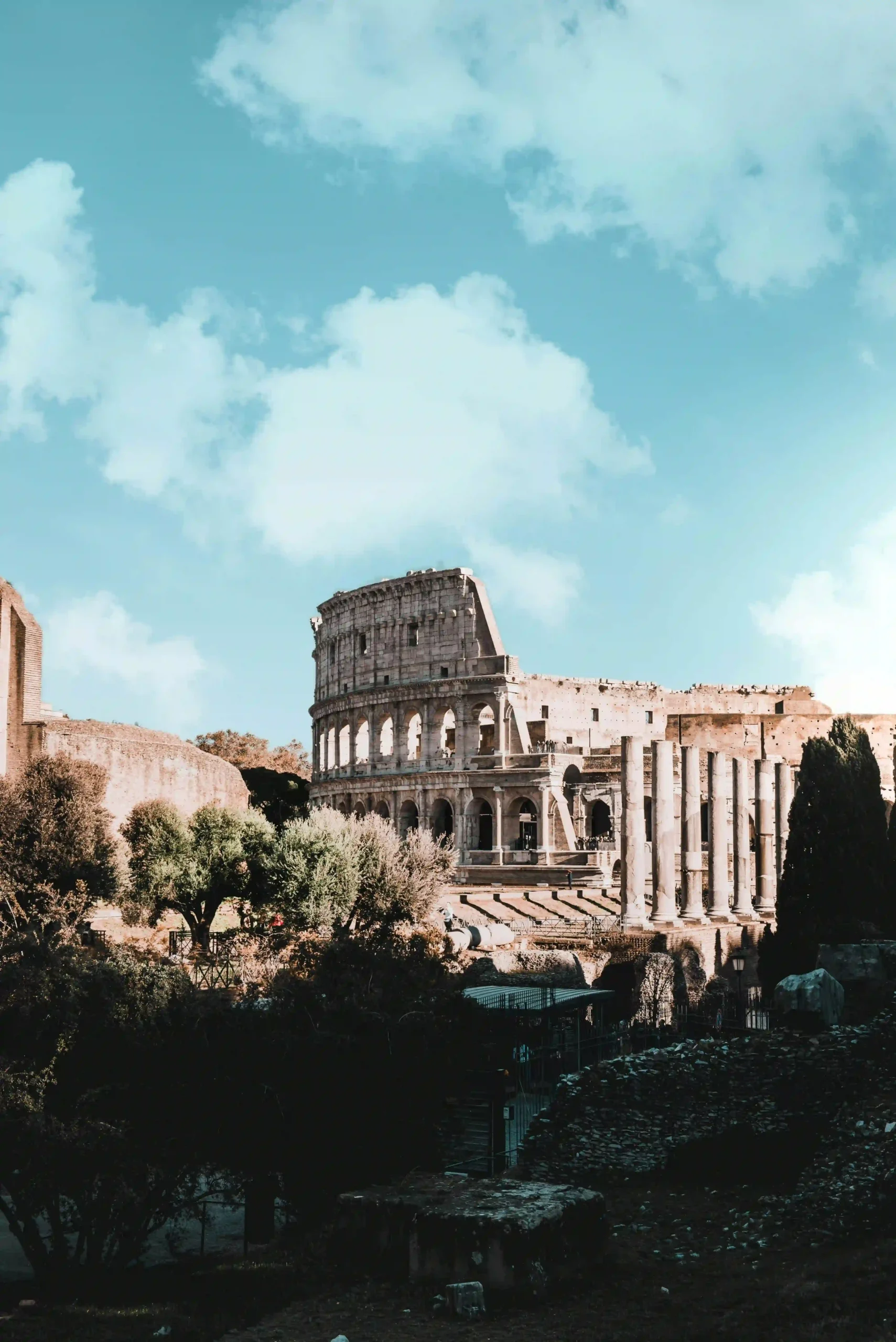 The ancient Roman Colosseum in Rome, Italy, viewed on a sunny day.