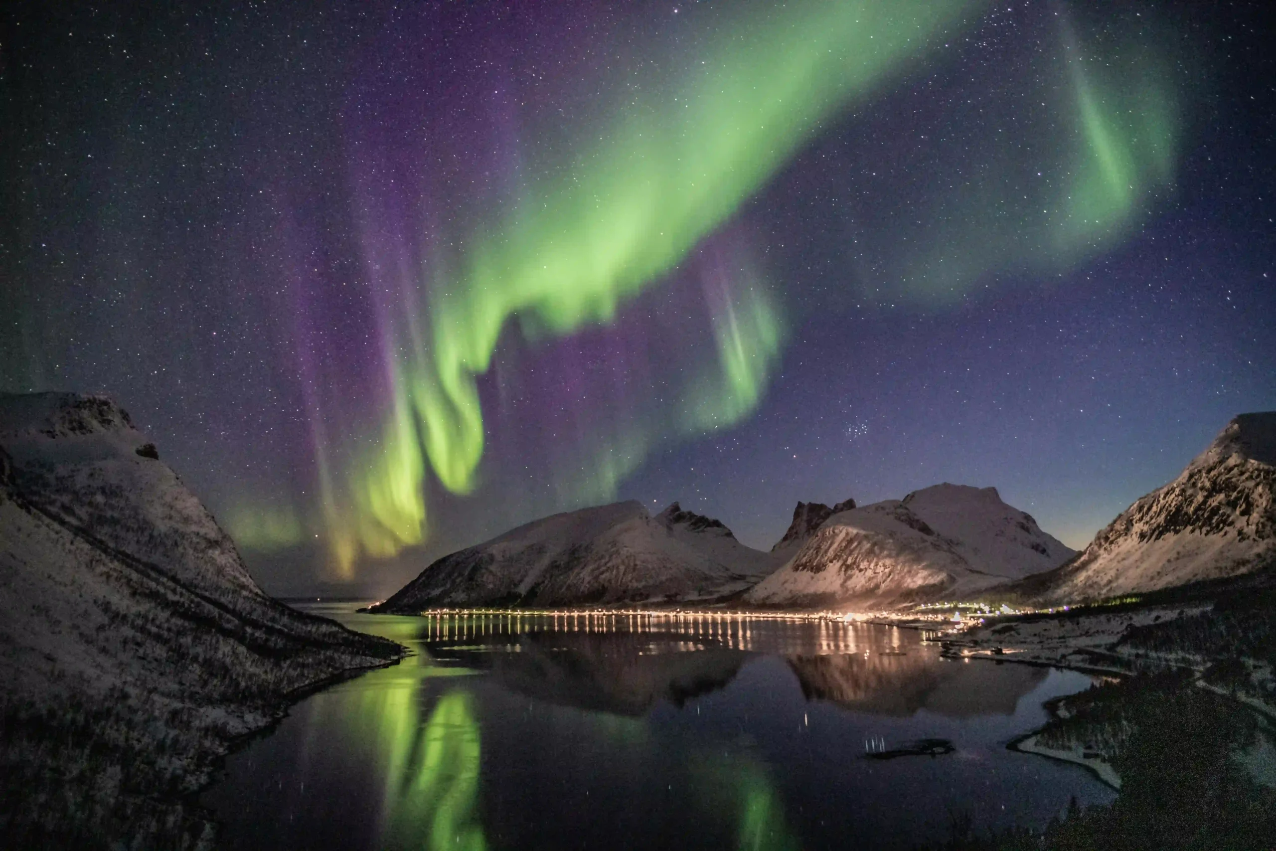 A breathtaking, panoramic view of a majestic Norwegian fjord with steep green cliffs plunging into deep blue water.