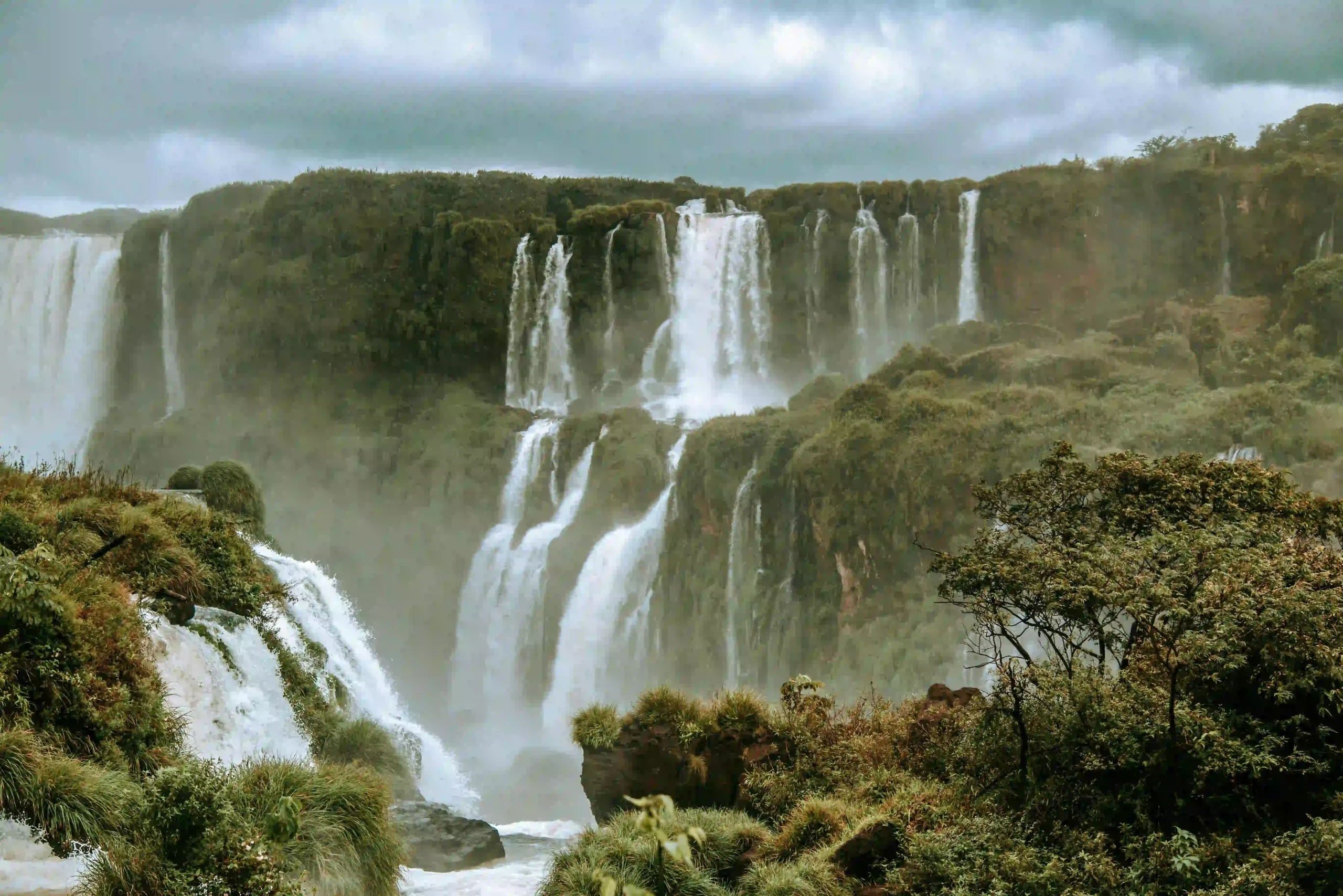 The powerful torrent of Iguazu Falls on the border of Brazil and Argentina.
