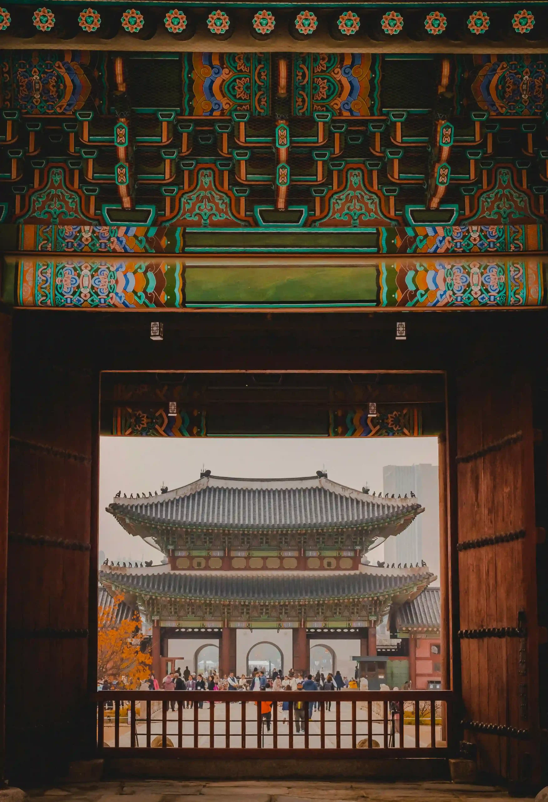 View through the historic gate of Gyeongbokgung Palace in South Korea.